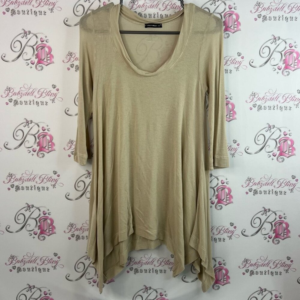 Nally & Millie long sleeve asymmetrical hem fairy 🧚 tan light Beige Tunic Top